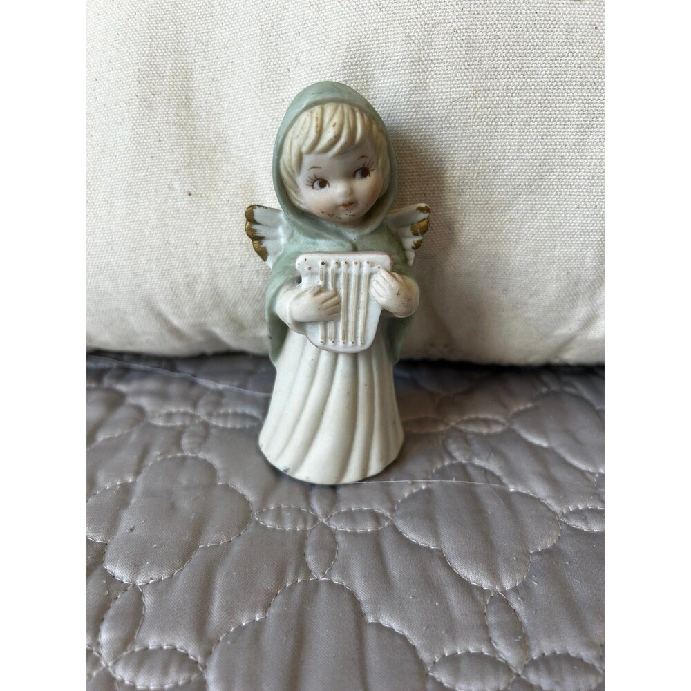 Vintage 1990’s Lefton Bisque Angel with Harp or Lyre Child Musical Instrument
